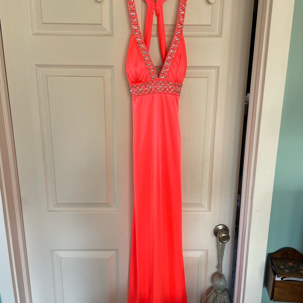 Morgan & Co. Coral Halter Beaded Prom Gown
